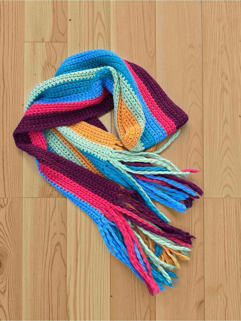 American Eagle Outfitters Hand Knit Wool Blend Striped Fringe Scarf Multicolor
